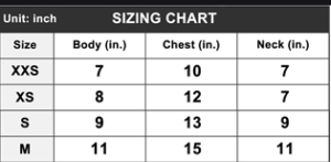 size chart for dog attire / clothing